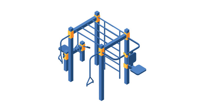 Isometric view of a blue and yellow outdoor workout station with various bars and exercise equipment for a park.