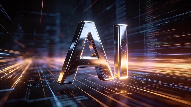 Metallic AI letters in digital scene with code data streams and colorful light trails