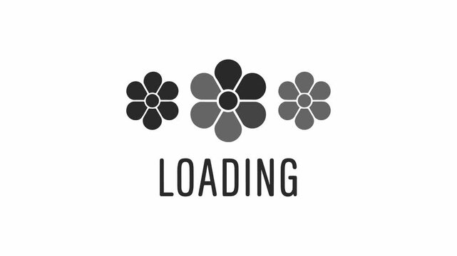 Minimalist digital interface loading screen with three gray flower icons on a clean white background, conveying patience.