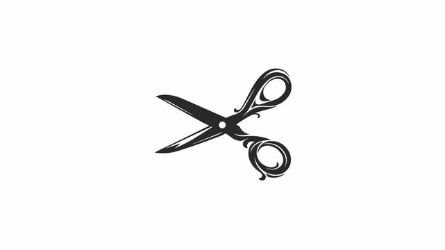 Elegant vintage ornate scissors cutting through the air high contrast black vector icon isolated on white background.