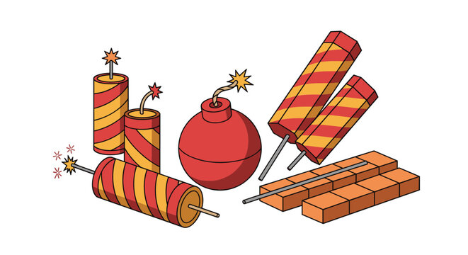 Assortment of colorful firecrackers, dangerous dynamite sticks, and a round fuse bomb arranged as festive pyrotechnic explosives.