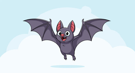Fototapeta premium Happy cartoon bat with large wings flying through a light blue sky with soft white clouds in a playful children's illustration.