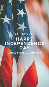 Close up of waving American flag with patriotic text for fourth of july celebrations