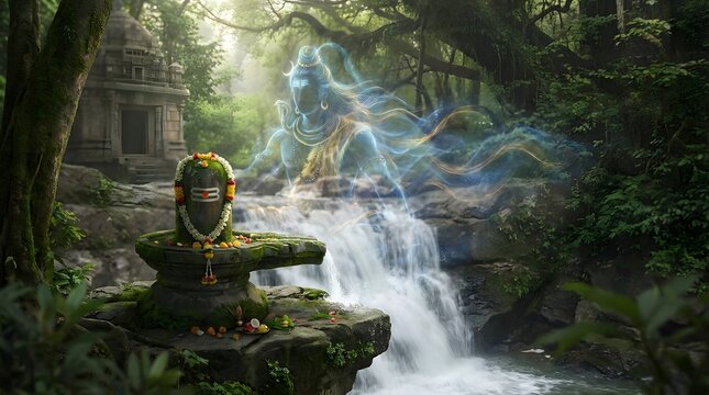 Shiva Ancient Lingam with Shiva Divine Form in majestic scenery, made by Ai