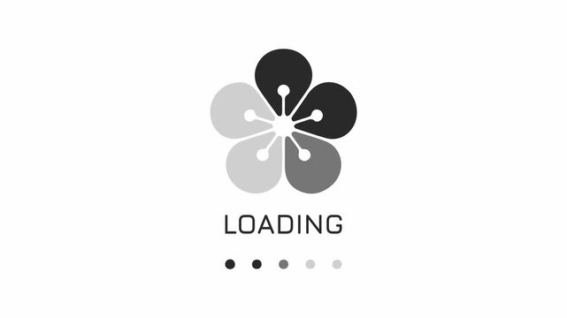 Modern minimalist digital loading interface featuring a monochromatic floral progress icon and clean text on a white setting.