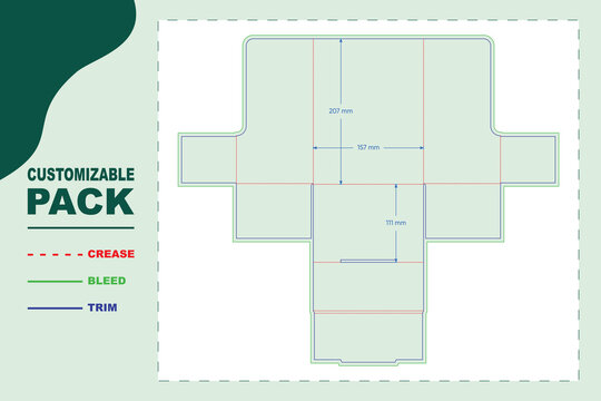 Flat box packaging dieline template with crease, bleed, and trim lines, featuring labeled dimensions in millimeters for retail folding carton construction