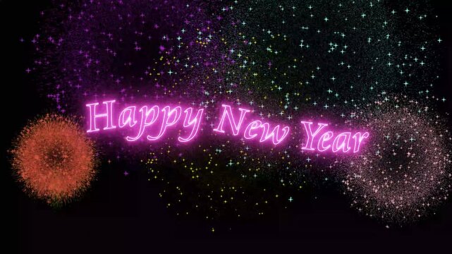 Happy New Year Neon Typography with Vibrant Fireworks Explosion on Black Background for Festive Holiday Greetings 4k