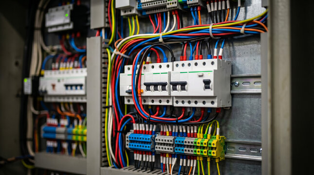 Electrical panel with colorful wires and circuit breakers