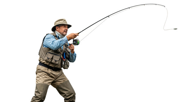 Man casting fishing rod outdoors actively.