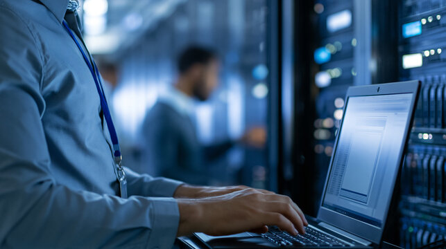 Faceless male server engineer inspecting a secure server cabinet using a laptop, collaborative IT work in a data center, defocused server environment in background, server