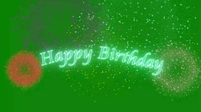 Animated Happy Birthday Greeting Text with Vibrant Fireworks Overlay Isolated on Green Screen Chroma Key Background 4k