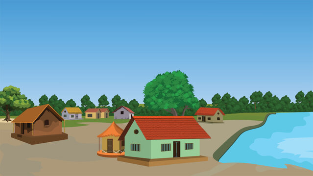Traditional Indian village riverside landscape with tiled roof house conical hut mud cottages and distant rural huts illustration