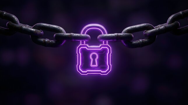 Glowing purple neon padlock hanging securely from heavy rusted metal chains against a dark background