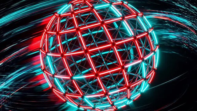 Red and blue neon spherical geometric structure with metal nodes and black background