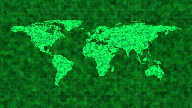 Green world map animation texturizes global continental shapes. Graphic green world map animation tracks electronic network grids. Modern green world map animation displays cyber geography charts.