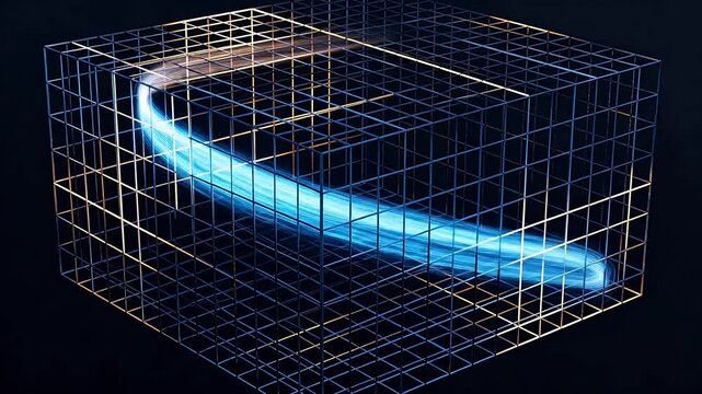 Geometric cube grid framework with warm light trails traversing dark spatial volume