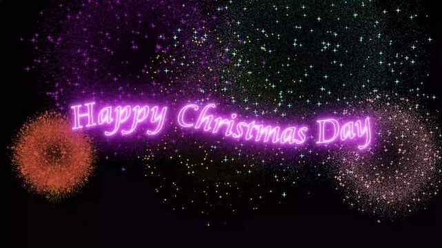 Happy Christmas Day Neon Typography with Festive Fireworks on Black Background Overlay 4k