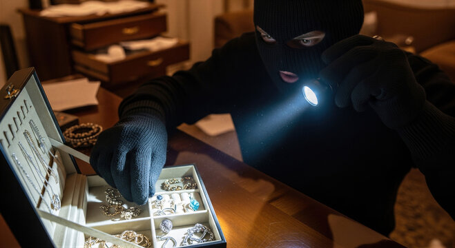 Thief in balaclava mask stealing jewelry from box at night. Burglar using flashlight to search for expensive accessories. Crime, home robbery and illegal activity investigation concept.