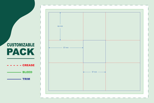Packaging dieline template with grid layout, featuring labeled crease, bleed, and trim lines with precise millimeter measurements for box inserts