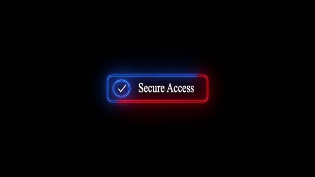 Neon Glowing Secure Access Badge with Check Mark Icon and Pulsing Blue and Red Light Laser Border Isolated on Black Background for Cyber Security, System Verified, and Interface Concept