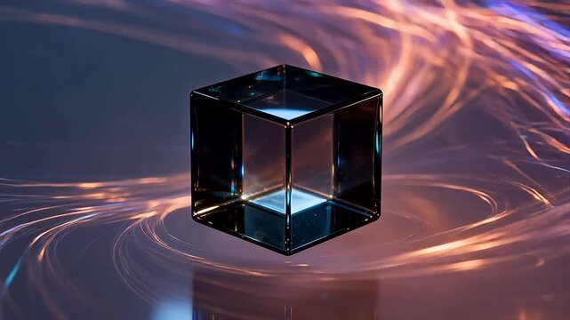 Transparent black cube surrounded by colorful swirling vortex light trails
