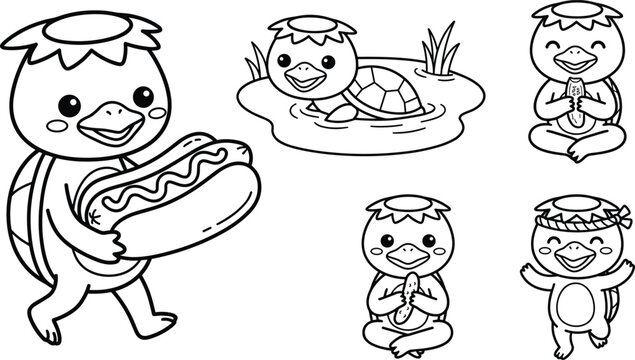Cute cartoon kappa outline character collection with funny activities, food, meditation and coloring book illustrations