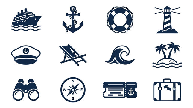Set of 12 monochrome flat vector icons featuring cruise ship, anchor, lifebuoy, lighthouse, captain hat, deck chair, ocean wave, tropical island, binoculars, compass, boarding ticket, and suitcase