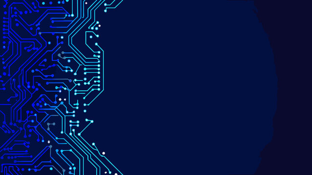 Circuit board pattern with blue lines and circular nodes on a dark blue background circuitry electronic