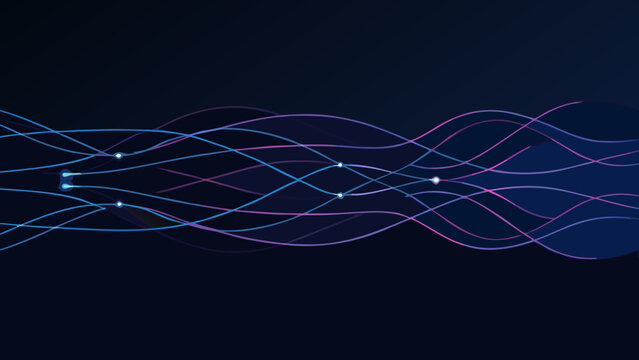 Wavy lines and glowing dots form an abstract vector visualization on a dark background curved sinusoidal