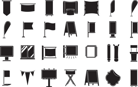 Advertising Display Expo Stands and Blank Signage Board Black Silhouette Icons Set