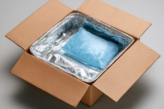 Open cardboard box with insulated silver liner and blue ice pack for meal delivery