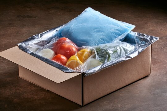 Opened meal kit box with insulated liner, ice pack, and fresh ingredients