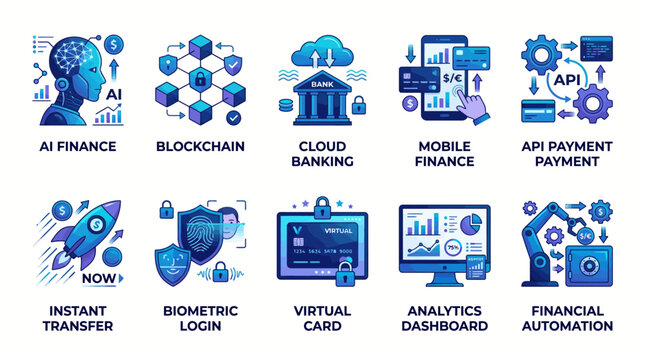 Set of ten modern financial technology icons featuring artificial intelligence blockchain cloud banking and mobile payments