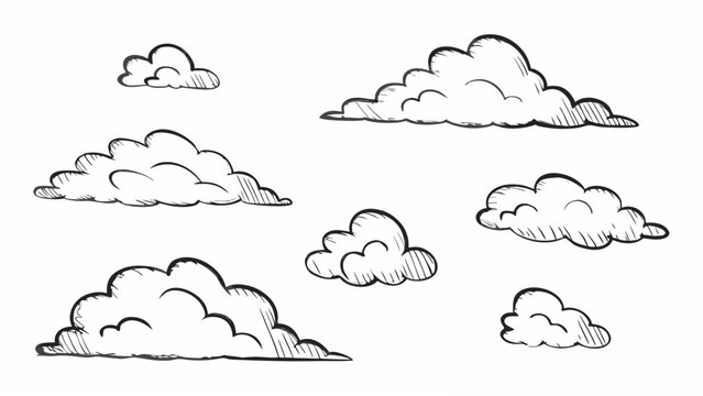 Collection of cloud formations drawn in black ink a hand rendered vector illustration on a white background
