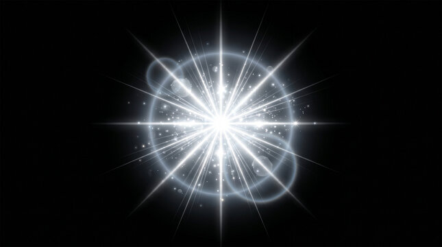 White sparkle light effect on Black background. Glowing silver white light. Shining star, light spark with rays. Light sparkle bling effect.Flare light, lens flare