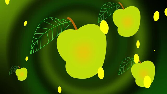 Green apple animation displays stylized farm fruit loops. Fresh green apple animation populates yellow gradient circle fields. Healthy green apple animation promotes organic food lifestyle nutrition.