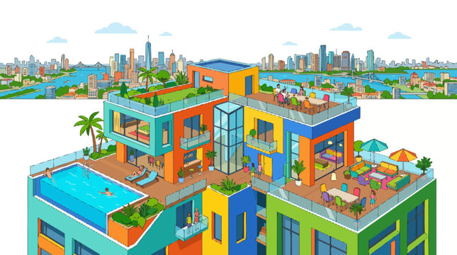 Modern colorful building with rooftop pool.