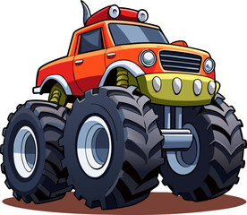 Oversized Monster Truck: A small truck cabin sitting on four comically massive, bouncy black rubber tires, extreme cartoon proportions. © Rj