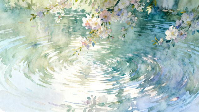 Watercolor Blossoms Over Wavy Water, Serene Pond Surface with Ripples Reflection ,Atmospheric Watercolor Painting of Floral Branch and Rippling Water, Oriental Zen Style