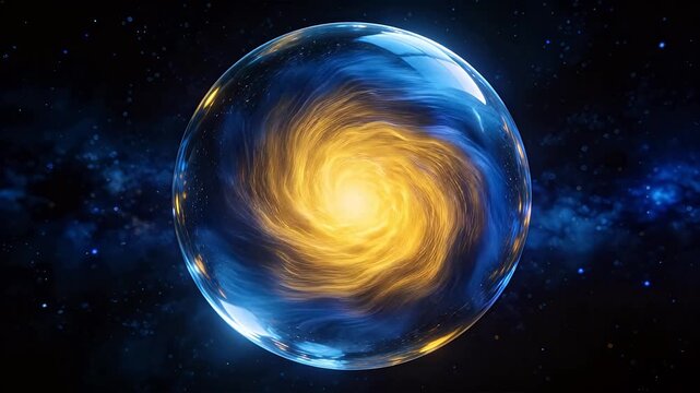 Spherical celestial body with golden vortex core and blue purple rotating matter in starry space