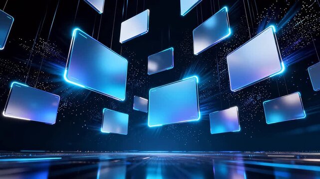Floating blue glowing rectangular screens in dark space with reflective floor