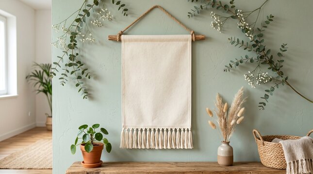 Boho-inspired fabric wall hanging mockup featuring a blank cream canvas banner suspended from a natural wooden rod with rope hanger