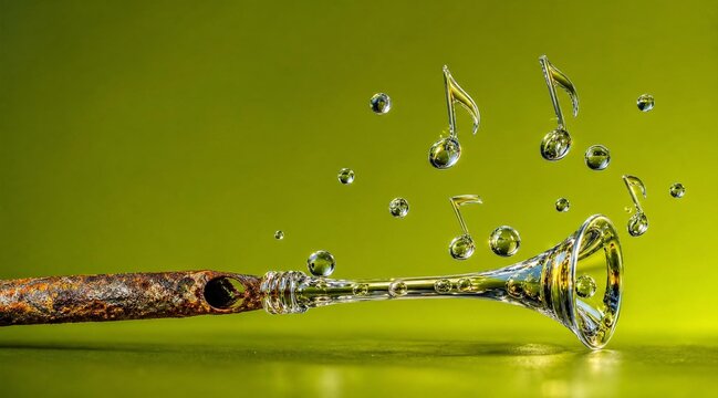 Musical water notes from rusty pipe macro on green background