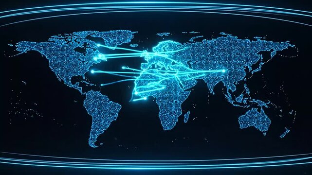 Futuristic blue digital world map composed of glowing data points