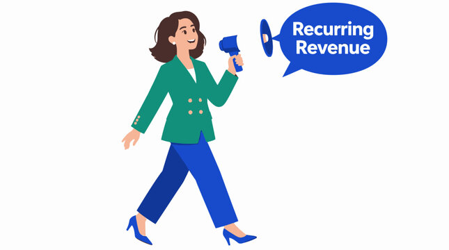Businesswoman holding megaphone for recurring revenue concept.