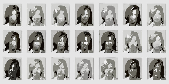 Halftone dithered portraits grayscale arranged in a grid pattern