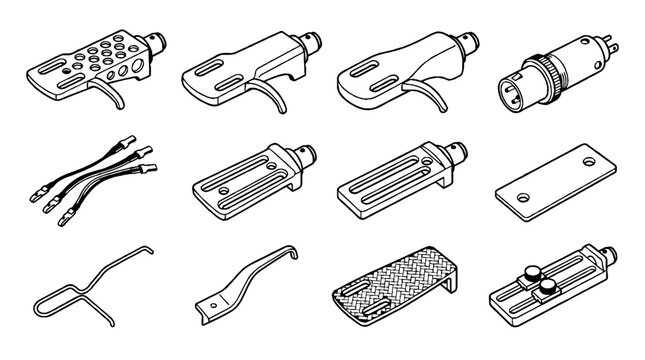Collection of turntable headshell and phono cartridge components in isometric line art style.