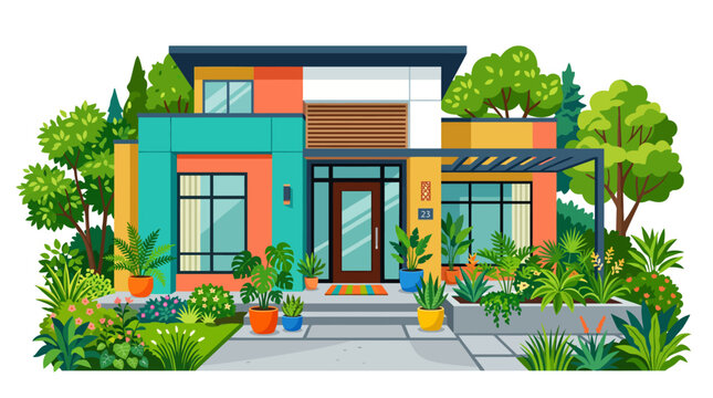 Modern colorful house with garden.