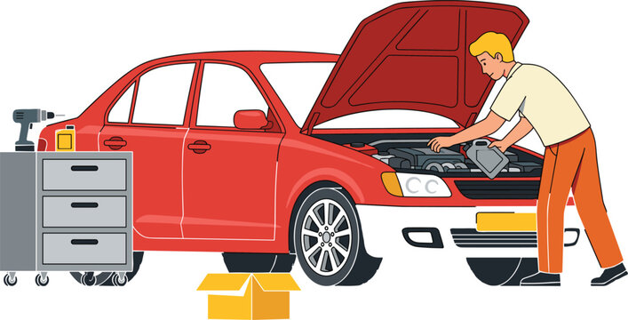 Mechanic fixing open hood red car engine changing oil with toolbox cabinet tool chest flat vector illustration