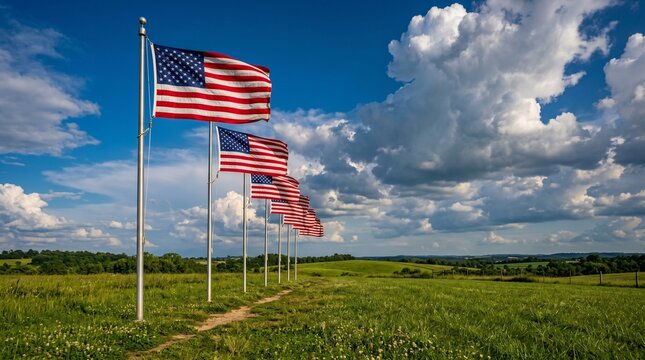 American flags lined up on a grassy field under a deep blue sky with dramatic clouds, a broad and clean composition.